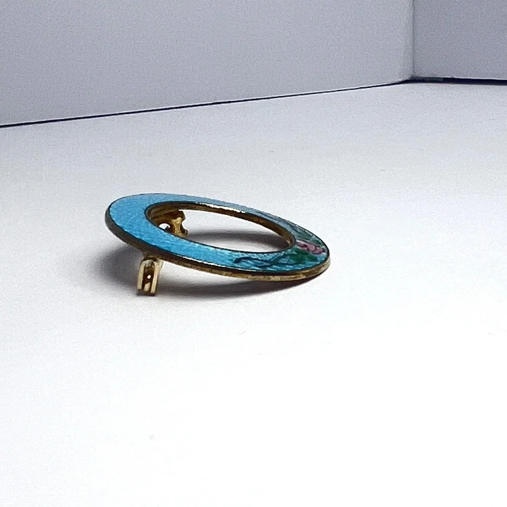 Vintage Guilloché‎ Blue Pink Rose Circle Pin Midcentury Grandma Love Gratitude